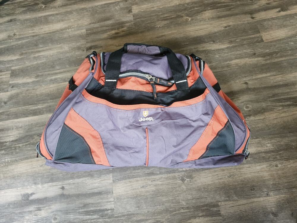 Large Jeep Duffle Travel Luggage Bag Rugged Orange, Black & Gray 20” X 9” X 12”